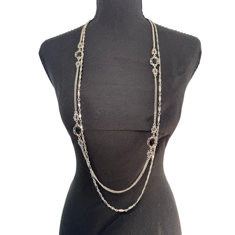 Vintage 1970s Sarah Coventry Silver Layered Necklace Bracelet Set Black Cabochon
